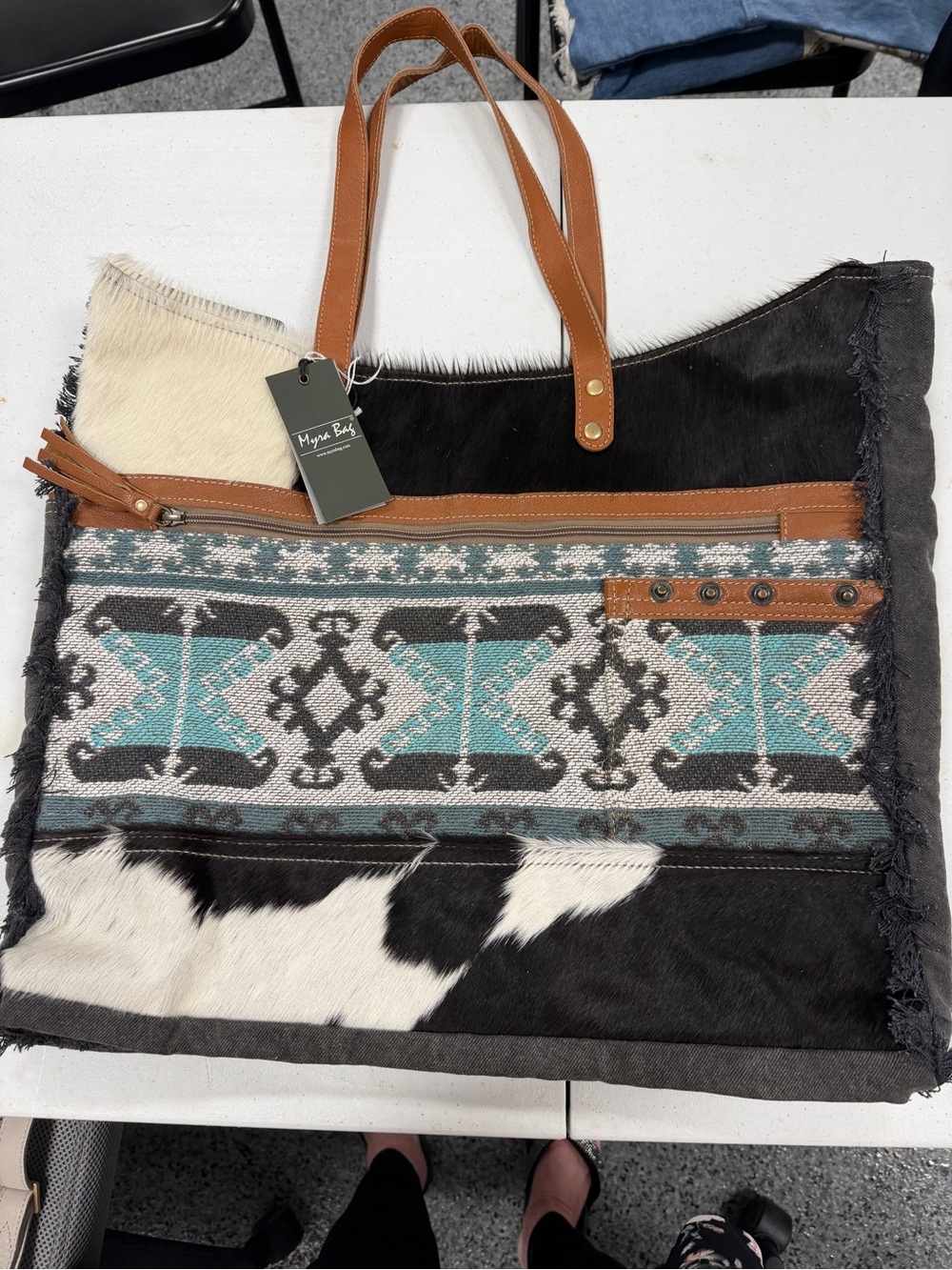 Myra Bag Black & White Cowhide Tote with Turquoise Aztec Panel and Tan Straps